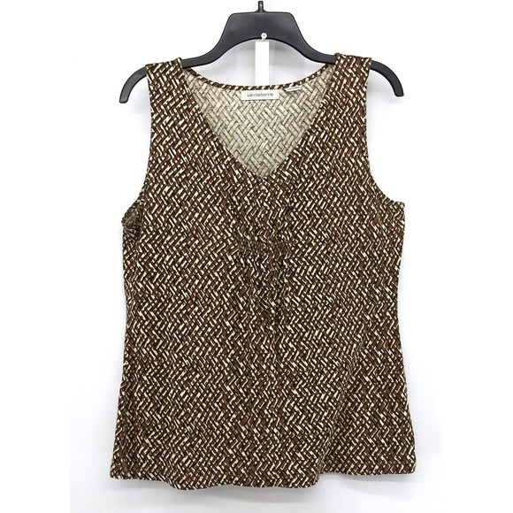 Liz Claiborne Tank Top Blouse Womens Large Brown Pleated Accent Woven Pattern - Picture 1 of 6